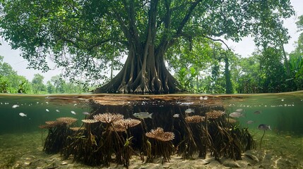 Wall Mural -   A stunning view of a massive tree submerged in a murky marsh, surrounded by schools of fish