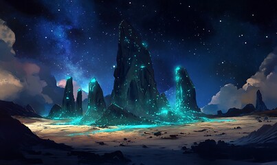 Poster - Glowing Rock Formations Under a Starry Night Sky