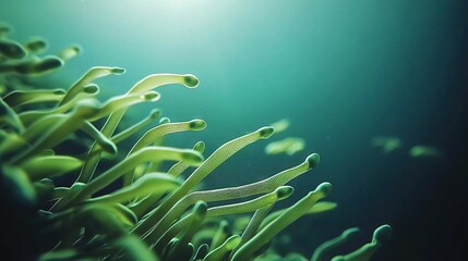 Sticker -   A close-up of seaweed in water with sunlight shining through the background