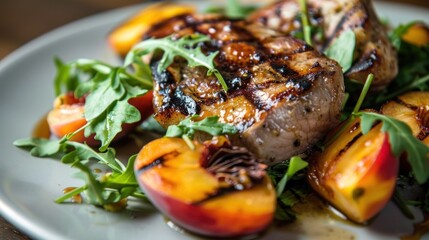 A plate of grilled meat and vegetables, including grilled chicken, tomatoes