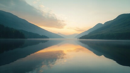 Poster -   A reflection of the sun on the surface of the water is visible in this body of water, which is encircled by mountains and shrouded in a cloudy sky