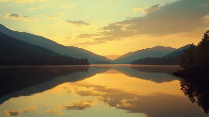 Poster -  A serene lake nestled between majestic peaks under a moody sky as the sun dips below the horizon