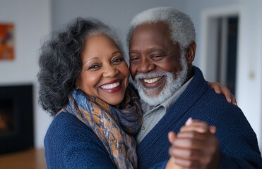 Happy senior couple dancing joyfully in a modern living room with white walls, wearing blue outfits