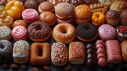 Wall Mural - A variety of colorful donuts, pastries, and other baked goods on a black background.