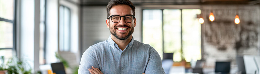 Poster - A man with glasses is smiling