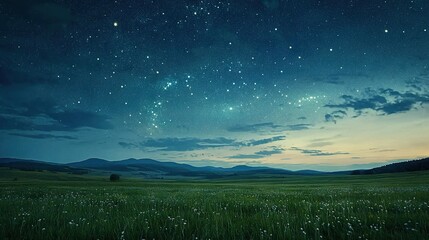 Poster -   A field with grass and flowers under a starry night sky, surrounded by a majestic mountain range