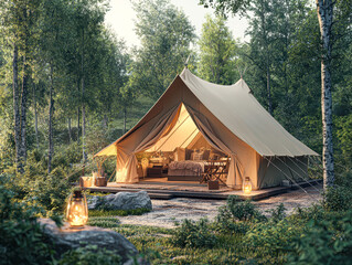 Canvas Print - A tent with a bed inside and a lantern outside