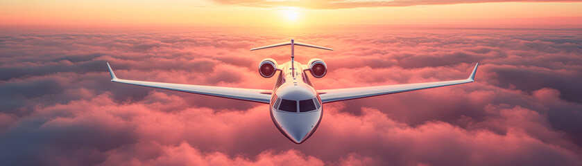 Wall Mural - A white jet plane flying through a cloudy sky with a red sun in the background