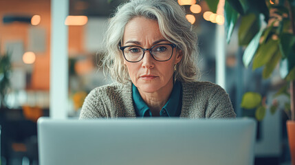 Sticker - A woman wearing glasses is sitting at a desk with a laptop in front of her