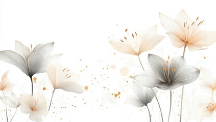 Wall Mural - White background, golden-gray lily leaves, hand-drawn style, light watercolor, golden decoration white space on the left side of the screen Generative AI