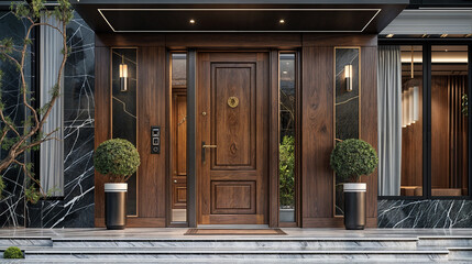 Contemporary front door with dark wood trim, large glass window, gold door knocker and two potted plants on either side of the door.