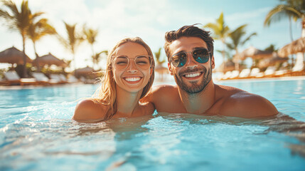 Wall Mural - A man and woman are smiling and posing in a pool