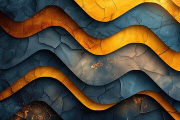 Wall Mural - Abstract Wavy Pattern with Cracked and Textured Surfaces in Blue and Yellow Tones