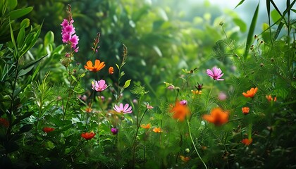 In a green natural environment, flowers and plants complement each other, showing the vitality and beauty of life.