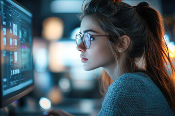 Poster - A woman wearing glasses is looking at a computer monitor