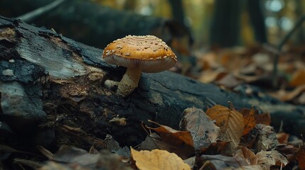 Poster -   Close-up of mushrooms on logs in the woods, surrounded by leaves and trees