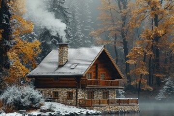 Wall Mural - A Cozy Cabin Nestled in a Foggy, Snow-Covered Forest