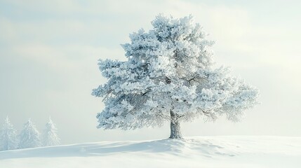 Poster -  Snowy tree in snowfield with trees behind, snow covering ground