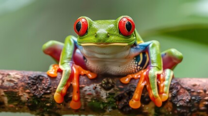 Close-up of a vibrant green and red Red-eyed Tree Frog perched on a branch with its large red eyes staring directly at the camera.