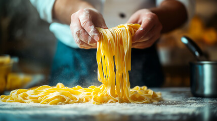 Cooking pasta by chef in kitchen. Closeup of process of making cooking homemade pasta. Italian pasta handmade	