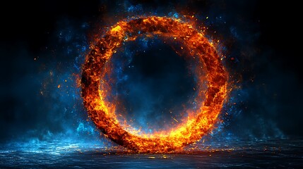 A fiery ring of flames burns brightly against a dark background, with a cool blue haze below.