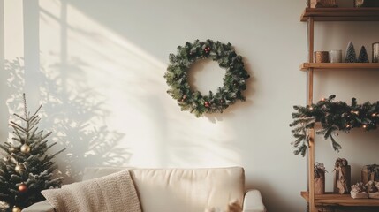 sleek christmas decor featuring a minimalist wreath in a chic, scandinavian-style interior, exuding modern design aesthetics