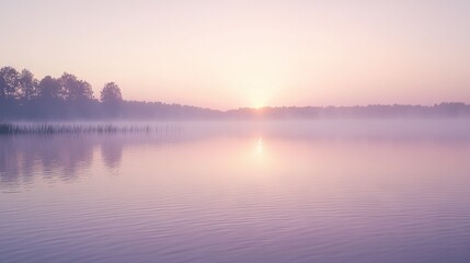 Sticker -   A tranquil water scene with lush trees in the background and a setting sun in the center, enveloped by misty fog