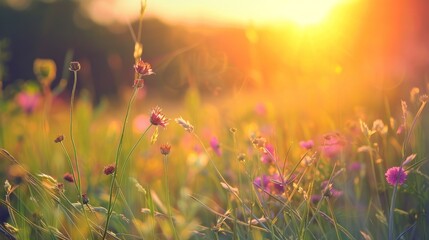 Wall Mural - A field of flowers with a pink flower in the foreground