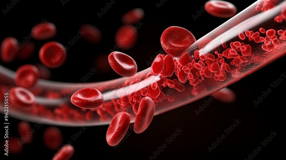 A close-up image of red blood cells flowing through a blood vessel ...
