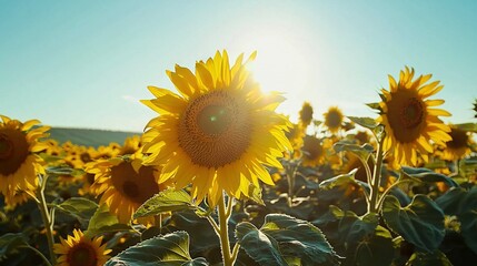 Poster -   Sunflower field with sunlight filtering from above and blue sky visible in the distance