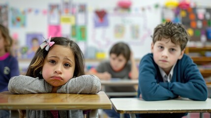 A young girl sits at her desk in an elementary school classroom, looking bored and tired