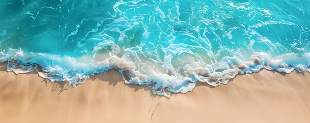 A top-down perspective of a beautiful beach with shimmering blue water and delicate waves 