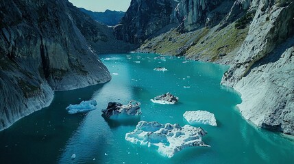 Poster -   An ensemble of ice floats in a expansive aquatic expanse, encircled by a rugged cliff face bedecked in snowfall