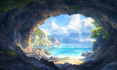 Sticker - View from a Cave Overlooking a Coastal Scene with Mountains and a Sandy Beach