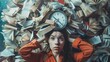 © florynstudio3 - A young woman lies on a bed of books with an alarm clock on her head, looking stressed and overwhelmed.