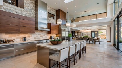 Contemporary kitchen with pendant lighting and large island