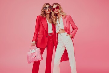 two beautiful models radiate happiness in red and white attire, confidently posing with handbags on 