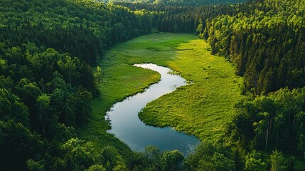 Wall Mural -   A lush green forest surrounds a river, with tall trees and abundant green grass