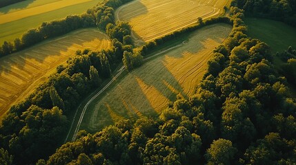 Sticker -   An aerial view shows a rustic landscape with a curving path in the foreground and tall foliage on either side