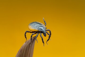 A detailed close-up of a tick perched on a leaf, highlighting its small size, eight legs, and distinctive appearance. The yellow background creates a stark contrast, emphasizing the tick's features. T