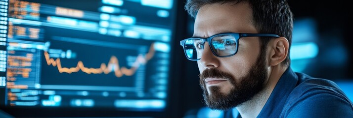 A focused businessman with a beard is wearing glasses and studying financial charts on his computer screen. The image suggests analytical skills, data analysis, market research, investment strategies,