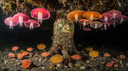 Wall Mural -   Mushrooms on tree side in forest with moss on ground