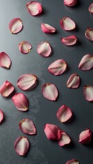 Poster - Pink rose petals on a grey glass surface, creating a minimalist aesthetic with copy space.