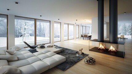 Wall Mural - Modern Minimalist Living Room with Fireplace and Winter View