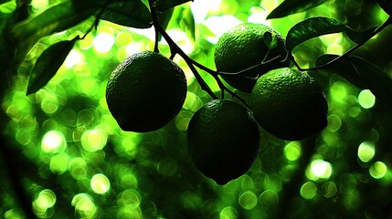 Poster -   A cluster of limes dangling from a tree in front of a hazy green book