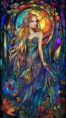 Wall Mural - Stained glass art, intricate details, bright colors, full body girl