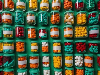 Wall Mural - Plastic containers filled with pills arranged on a green background, viewed from above.