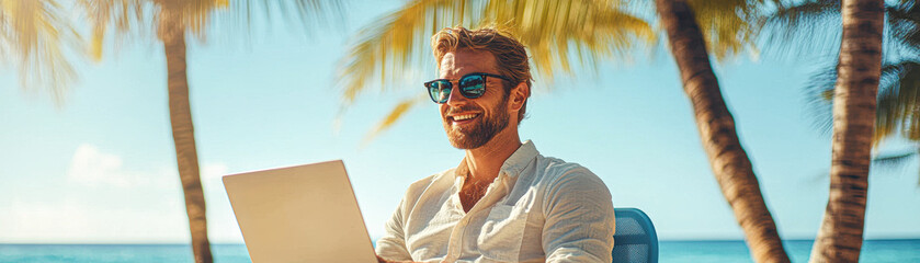 Wall Mural - A man is sitting on a chair with a laptop in front of him