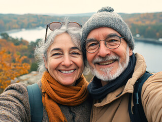 Poster - A couple is smiling for the camera, with the woman wearing a scarf