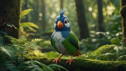 Wall Mural - Playful cartoon bird in a lush green forest setting.